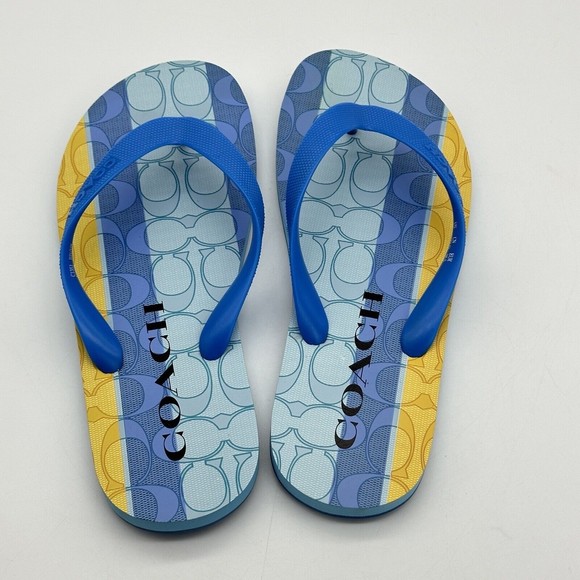 NWOT Coach Logo Zak Beach Thong Flip Flop Sandals Blue/Yellow Women’s Size 6 B - Picture 14 of 16